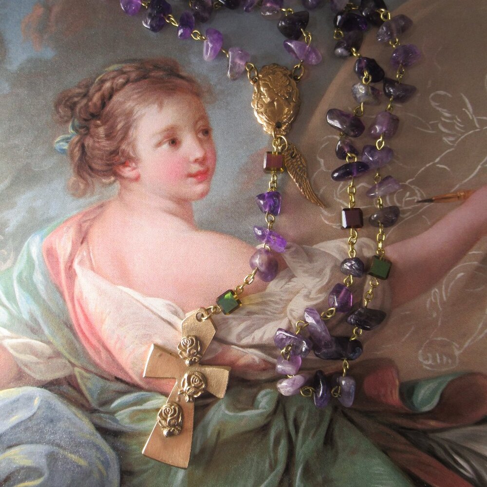 Amethyst Rosary, Rain of Roses in Bronze, 5 Decades